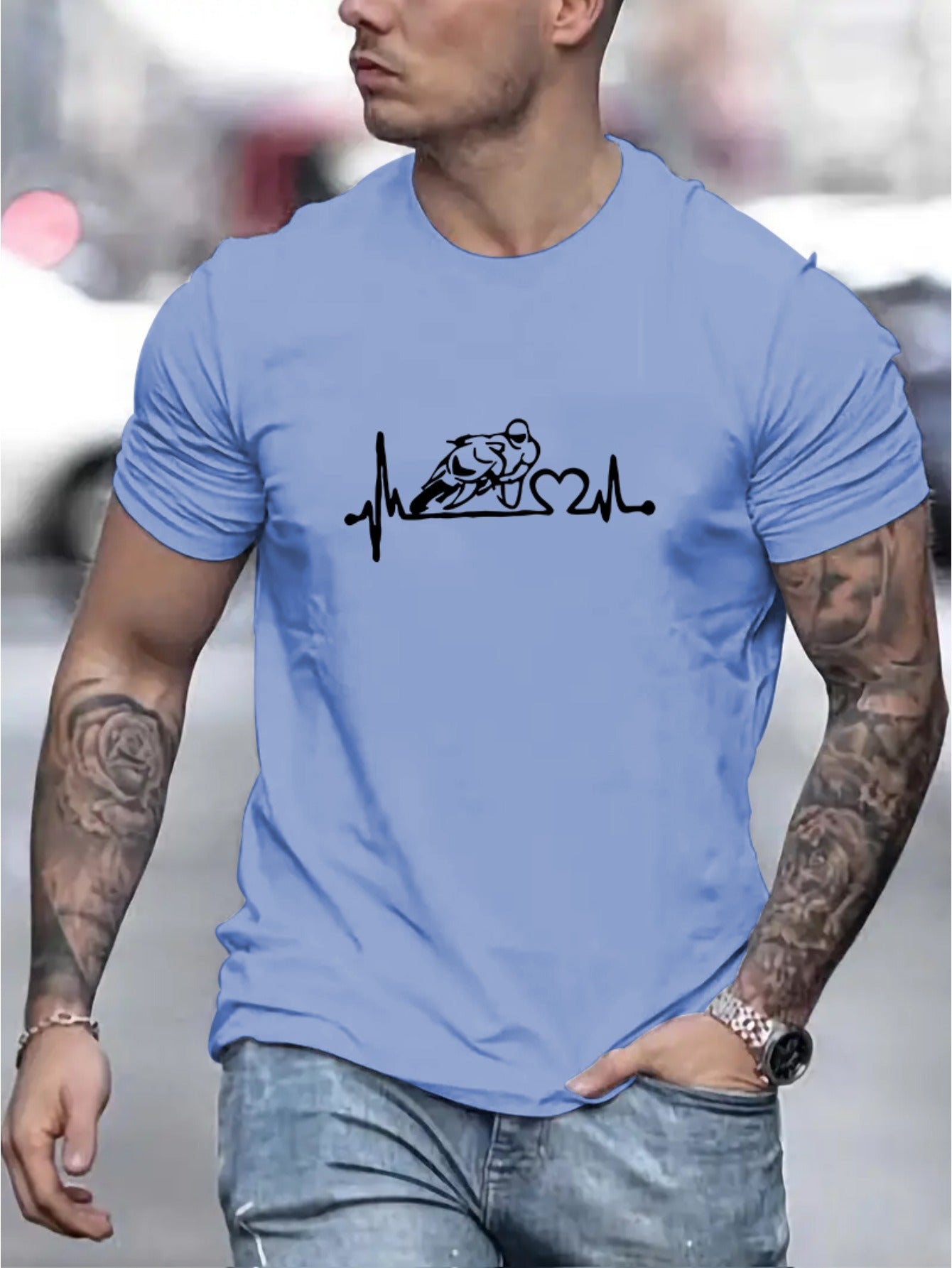 Motorcycle Print, Men's Crew Neck Short Sleeve Tee Fashion Regular Fit T-Shirt, Casual Comfy Breathable Top For Spring Summer Holiday Leisure Vacation Men's Clothing As Gift araiparadise