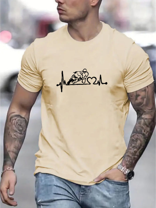 Motorcycle Print, Men's Crew Neck Short Sleeve Tee Fashion Regular Fit T-Shirt, Casual Comfy Breathable Top For Spring Summer Holiday Leisure Vacation Men's Clothing As Gift araiparadise