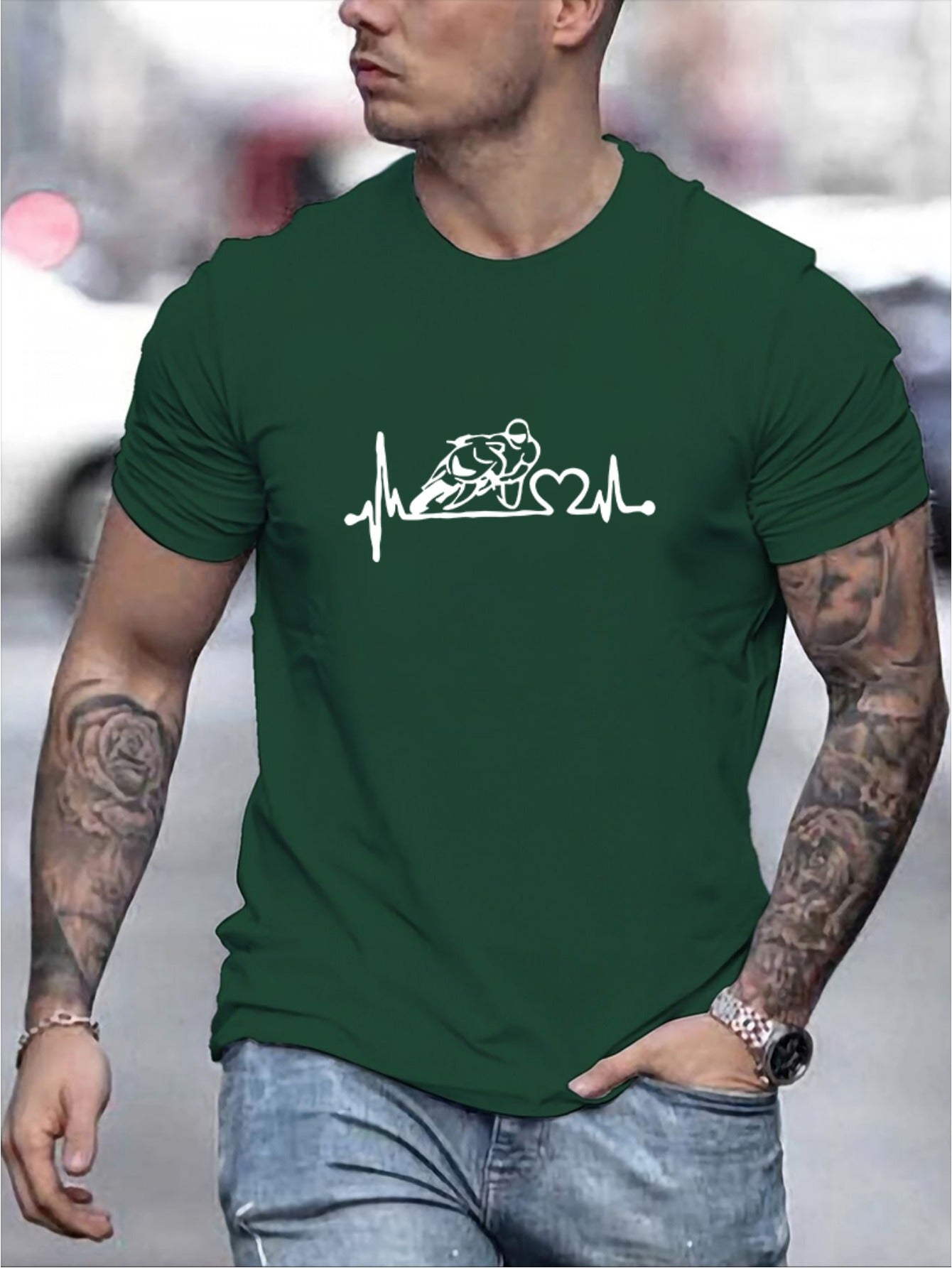 Motorcycle Print, Men's Crew Neck Short Sleeve Tee Fashion Regular Fit T-Shirt, Casual Comfy Breathable Top For Spring Summer Holiday Leisure Vacation Men's Clothing As Gift araiparadise