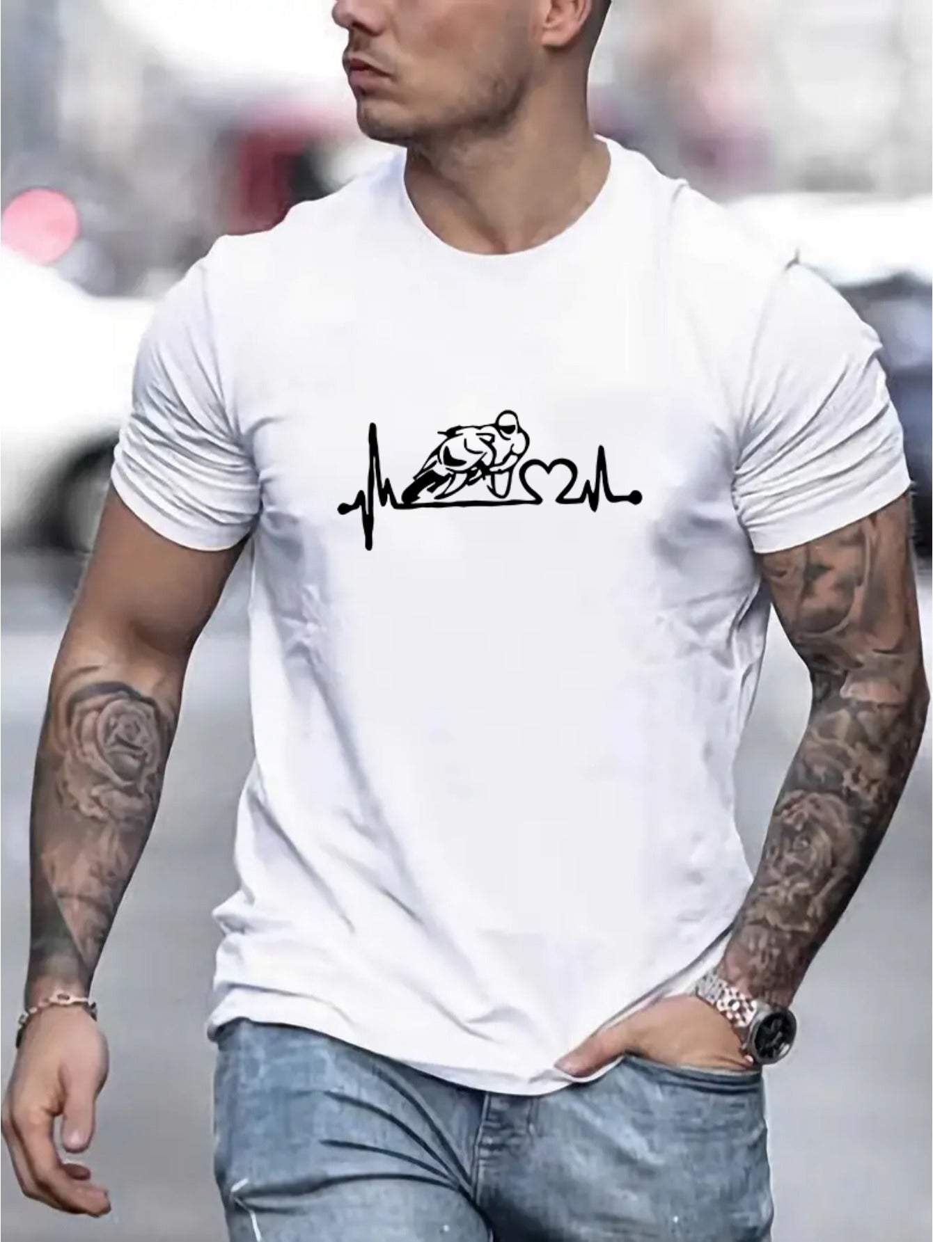 Motorcycle Print, Men's Crew Neck Short Sleeve Tee Fashion Regular Fit T-Shirt, Casual Comfy Breathable Top For Spring Summer Holiday Leisure Vacation Men's Clothing As Gift araiparadise