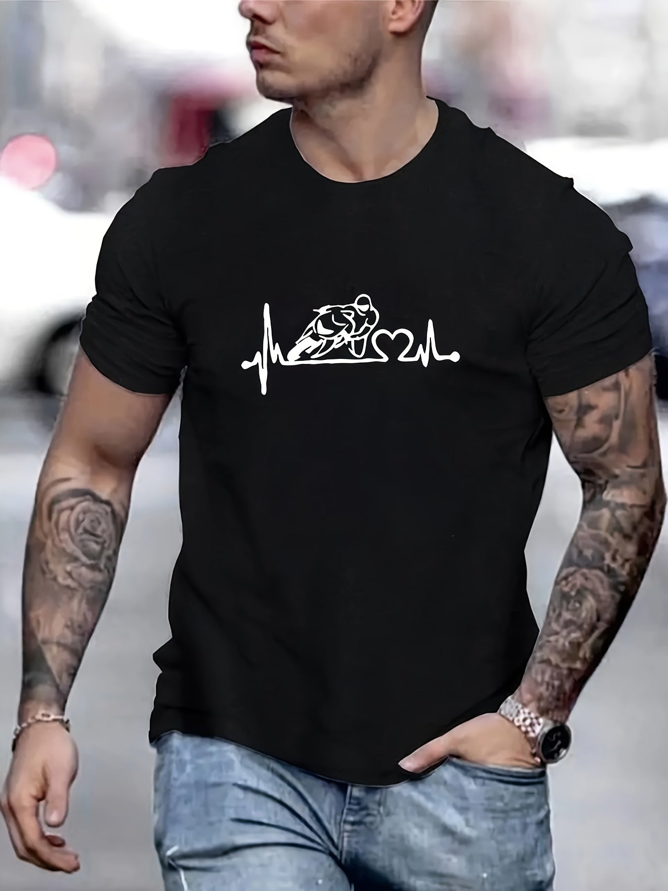 Motorcycle Print, Men's Crew Neck Short Sleeve Tee Fashion Regular Fit T-Shirt, Casual Comfy Breathable Top For Spring Summer Holiday Leisure Vacation Men's Clothing As Gift araiparadise